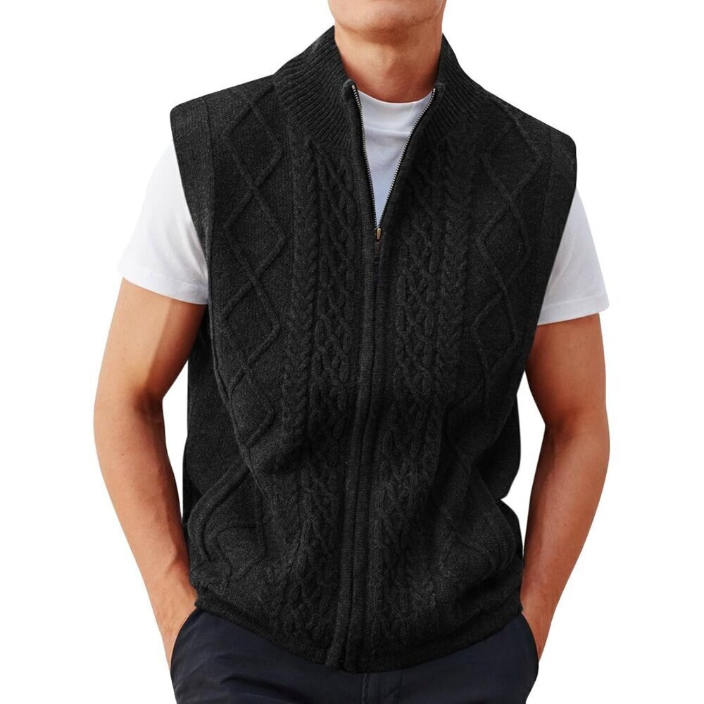 Mens Full Zip Sweater Vest Cable Knitted Cardigan Stand Collar Casual Sleeveless